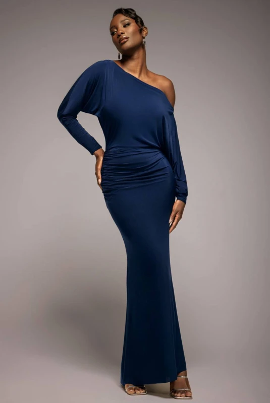 Image of Goddiva Womens Bat Wing Elasticated Side Gather Maxi Dress in Navy Size: 8 Navy Female 8