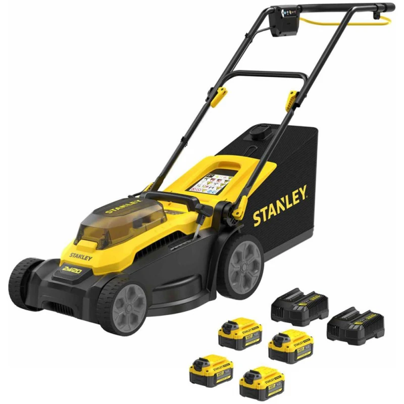 Image of Stanley FatMax V20 SCMWP3701 36v Cordless Rotary Lawnmower 370mm 4 x 4ah Li-ion Battery Charger SCMWP3701M4