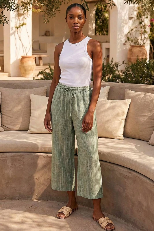 Image of Roman Womens Petite Metallic Stripe Cropped Trouser in Khaki Size: 12 Khaki Female 12