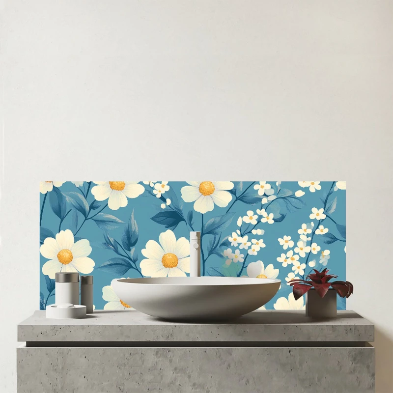 Image of Warren Reed - Designer Blue & White Spring Daisies Glass Bathroom Splashback Blue Unisex