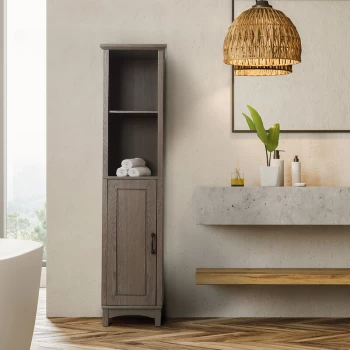 Image of Teamson Home - Russell Wooden Bathroom Linen Tower Storage Cabinet 33cm x 38cm x 159.4cm With Open Shelves & Door Salt Oak EHF-F0012 - Salt Oak