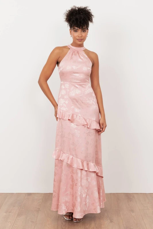 Image of Maya Deluxe Womens Floral Jacquard Satin Halter Neck Maxi Dress in Light Pink Size: 8 Light Pink Female 8