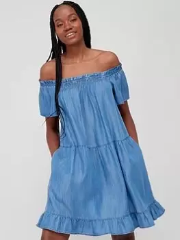 Image of Superdry Vintage Off Shoulder Dress -mid Wash, Blue, Size 14, Women