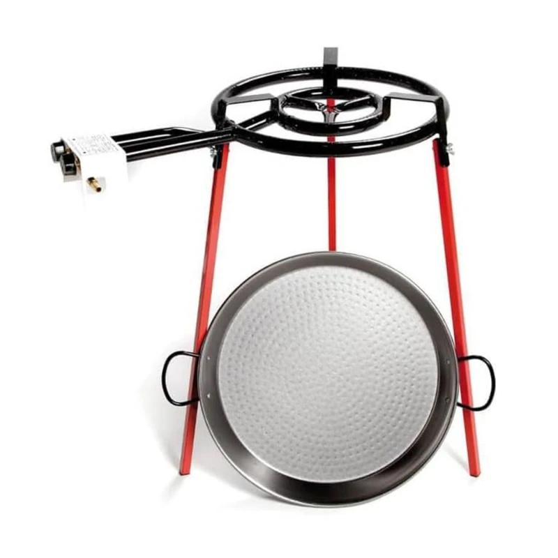 Image of Verano Spanish Ceramics Double Ringed Gas Burner 400mm w/ Polished Steel Paella Pan 46cm, Tripod 75cm Tall & UK Adaptor Multi