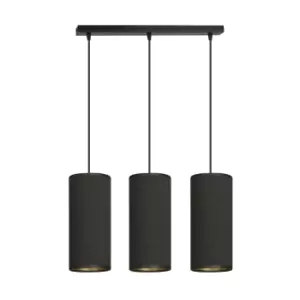 image of Bente Black Bar Pendant Ceiling Light with Black Fabric Shades, 3x E14