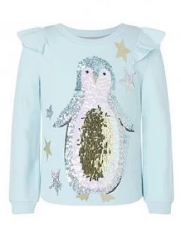 Monsoon Girls S.E.W. Christmas Penguin Sweat Top - Blue, Size Age: 12-13 Years, Women