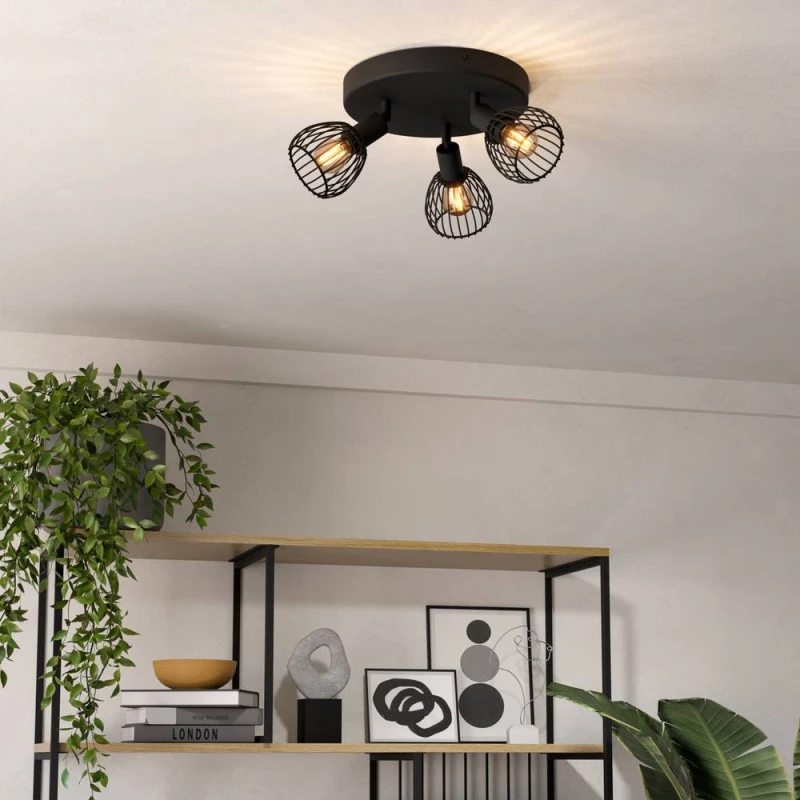 Image of Eglo Sonnino Black Steel Caged Wire 3-Light Spotlight Black Unisex