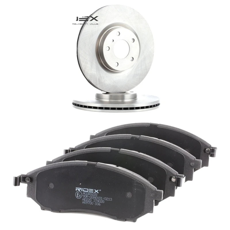 Image of RIDEX 3405B2102 Brake disc and pads set Front Axle, Brake Disc Type: internally vented, with acoustic wear warning Brake Set,disc brakes (3405)