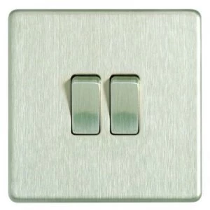 image of Wickes 10A Light Switch 2 Gang 2 Way Brushed Steel Screwless Flat Plate