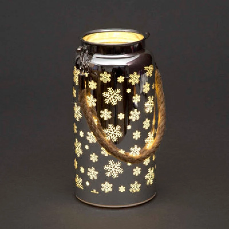 Image of Shatchi 20cm Christmas Decorated Jar Table Snowflakes Design Silver Lantern Silver
