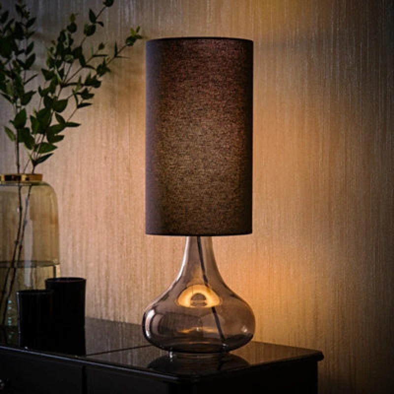 Image of ValueLights ValueLights Sylvie Black Linen Tall Shade Smoked Glass Squat Table Lamp with Bulb Black One Size Unisex 5059406066245