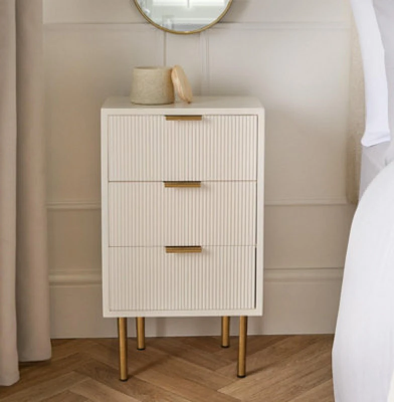 Image of OHS OHS Ribbed Bedside Table Modern Bedroom 3 Draw Office Nightstand in Cream Cream One Size Unisex 5027434198528