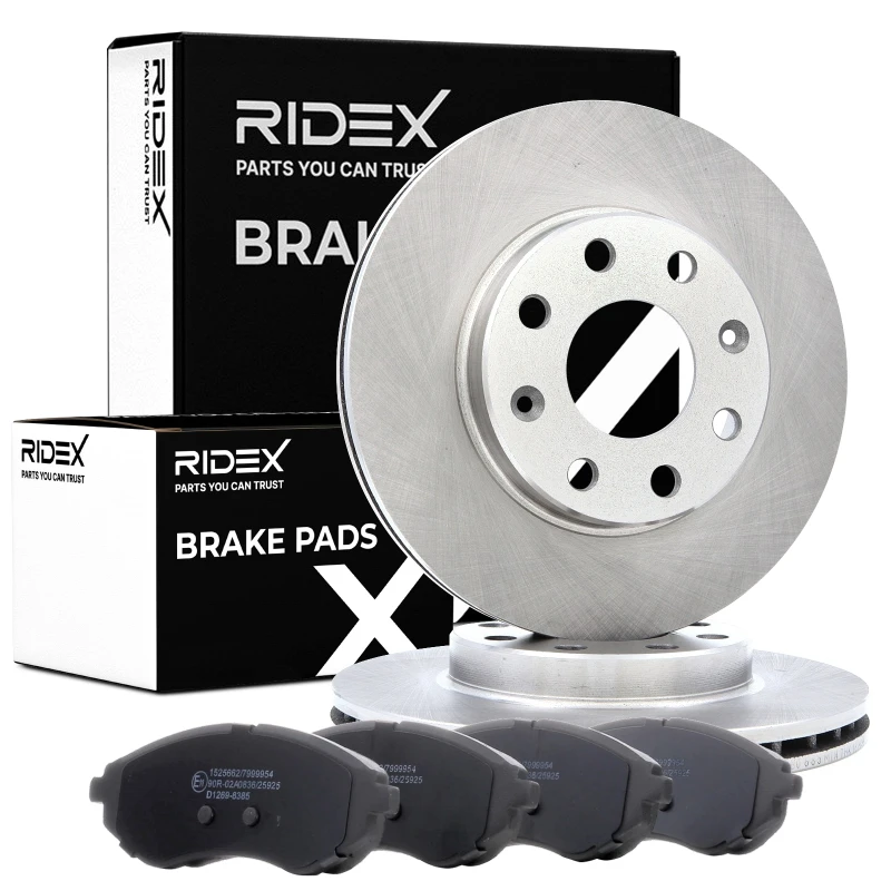 Image of RIDEX 3405B1627 Brake disc and pads set Front Axle, Brake Disc Type: Vented, with anti-squeak plate Low-Metallic Brake Set,disc brakes (3405)