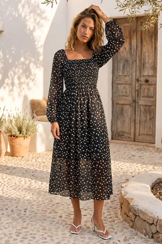 Image of Roman Womens Abstract Polka Dot Shirred Midi Dress in Black Size: 20 Black Female 20