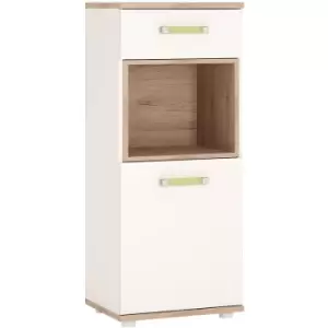 image of 4Kids 1 Door 1 Drawer Narrow Cabinet in Light Oak and white High Gloss lemon handles