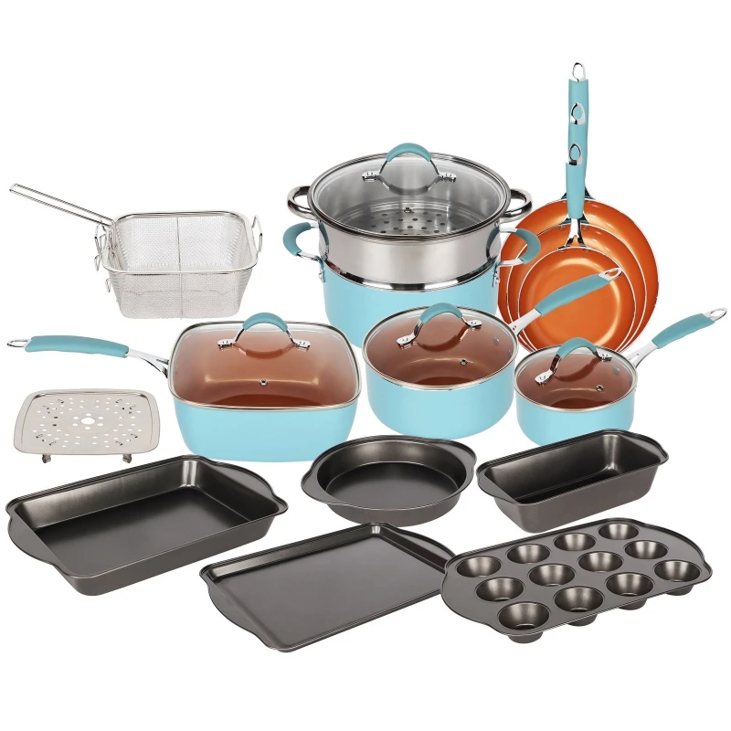 Image of Gr8 Home Blue and Copper Induction 19 Piece Non Stick Kitchen Cookware Bakeware Set Copper