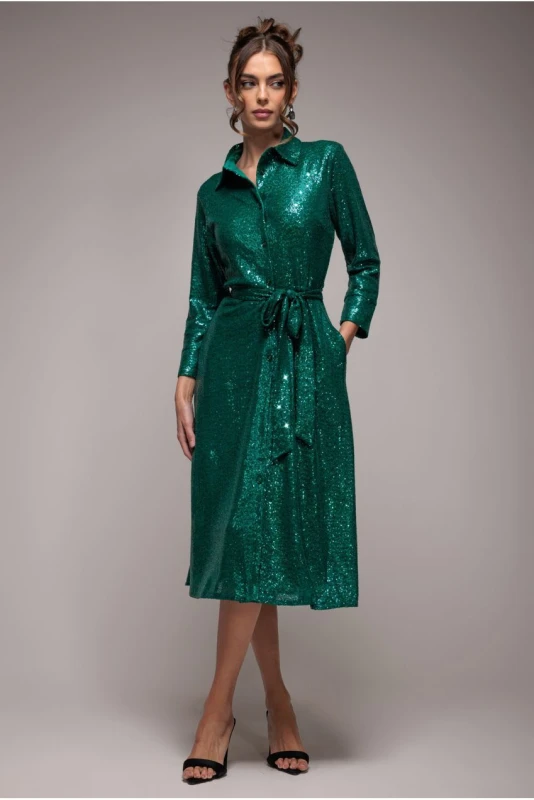 Image of Goddiva Womens Sequin Skater Shirt Dress in Emerald Size: 8 Emerald Female 8