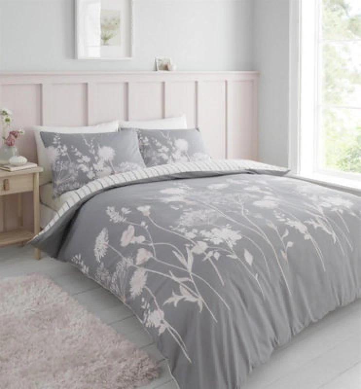 Image of Catherine Lansfield Meadowsweet Floral Grey Duvet Cover Set Single Bedding Set
