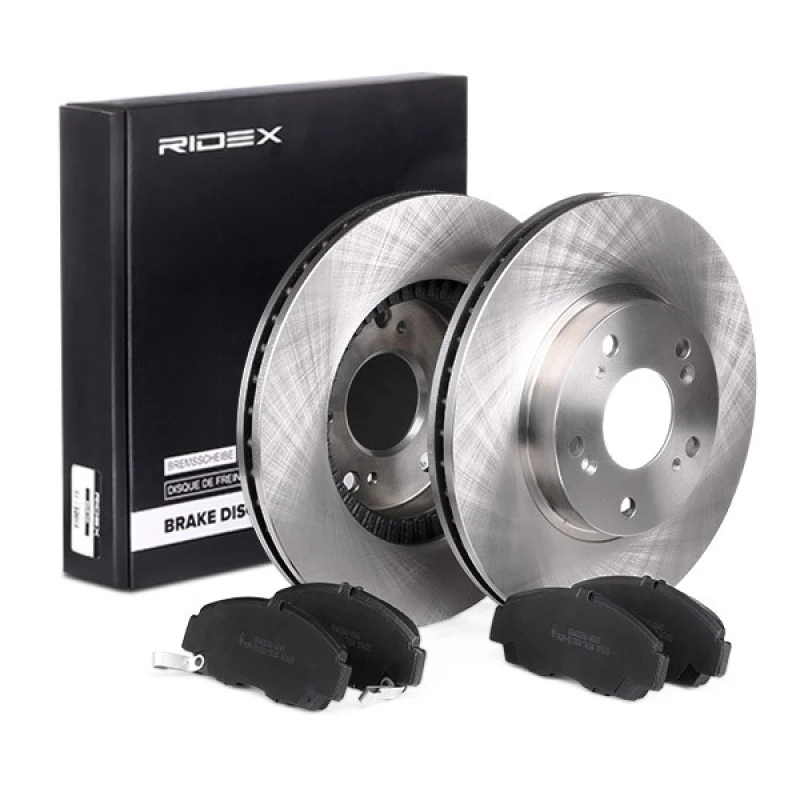 Image of RIDEX 3405B0177 Brake disc and pads set Front Axle, Brake Disc Type: Vented, with acoustic wear warning Brake Set,disc brakes (3405)