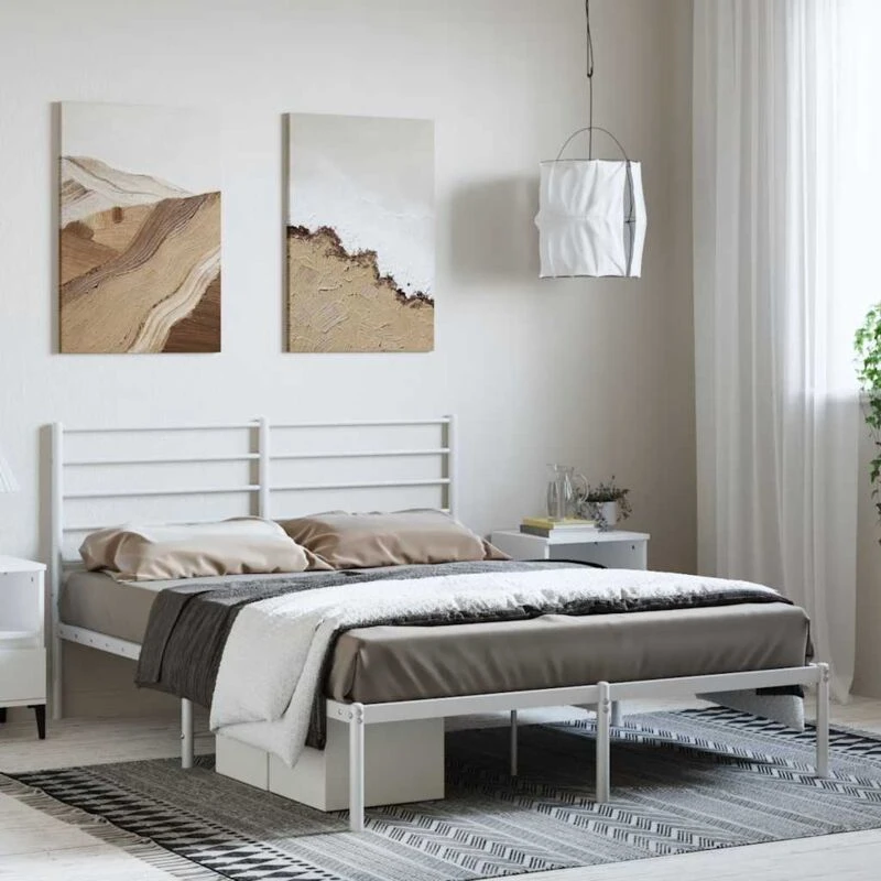 Image of JINLEFU Metal Bed Frame without Mattress with Headboard White 135x190cm vidaXL JRVDZX-352367_DE