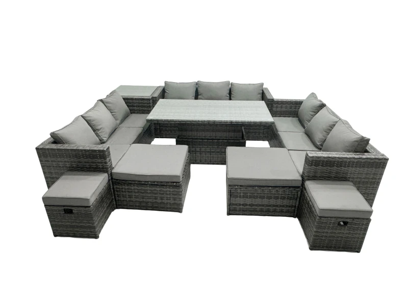 Image of Fimous Rattan Dining Table Sofa Set with Side Table 4 Stools Outdoor 13 Seat in Dark Grey Dark Grey Unisex
