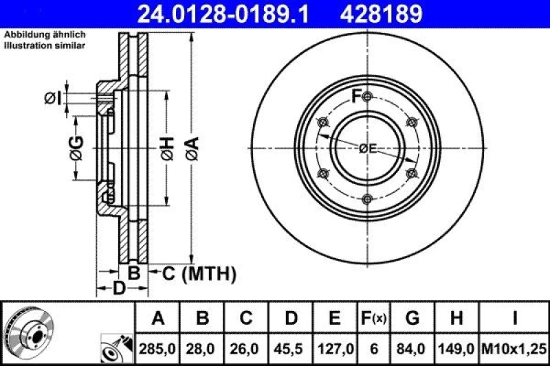 Image of ATE 24.0128-0189.1 Brake disc Vented, Coated Brake Disc (82)