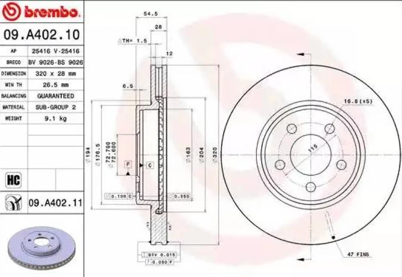 Image of BREMBO 09.A402.11 Brake disc internally vented, Coated, High-carbon Brake Disc (82)