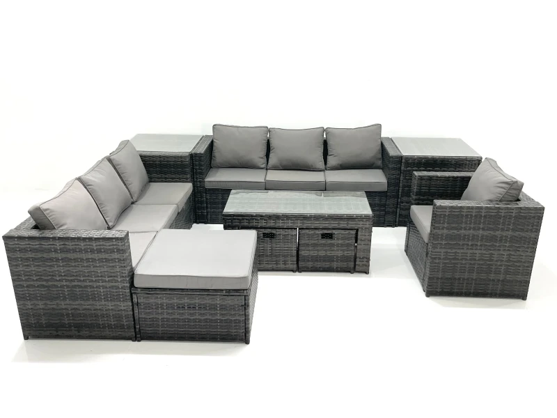 Image of Fimous Outdoor Garden Furniture Set 10 Seater Rattan Sofa Set with Coffee Table 3 Big Footstools Armchair 2 Side Tables Dark Grey Mixed Dark Grey