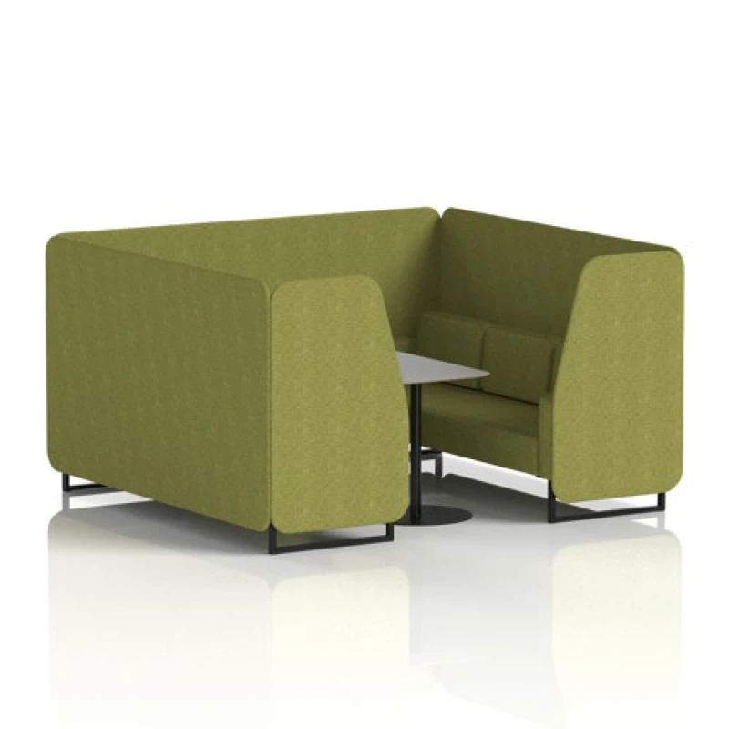 Image of Brixworth 6 Seater Office Booth with Front Panel - Black Legs and Grey Table with Black Leg in Rivet Fabric - Olive Panels and Sofa