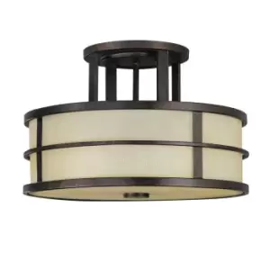 Image of 3 Bulb Semi Flush Light Amber Ribbed Glass Shade Grecian Bronze LED E27 60W