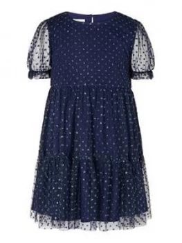 Monsoon Girls Glitter Spot Tier Dress - Navy, Size 3 Years, Women