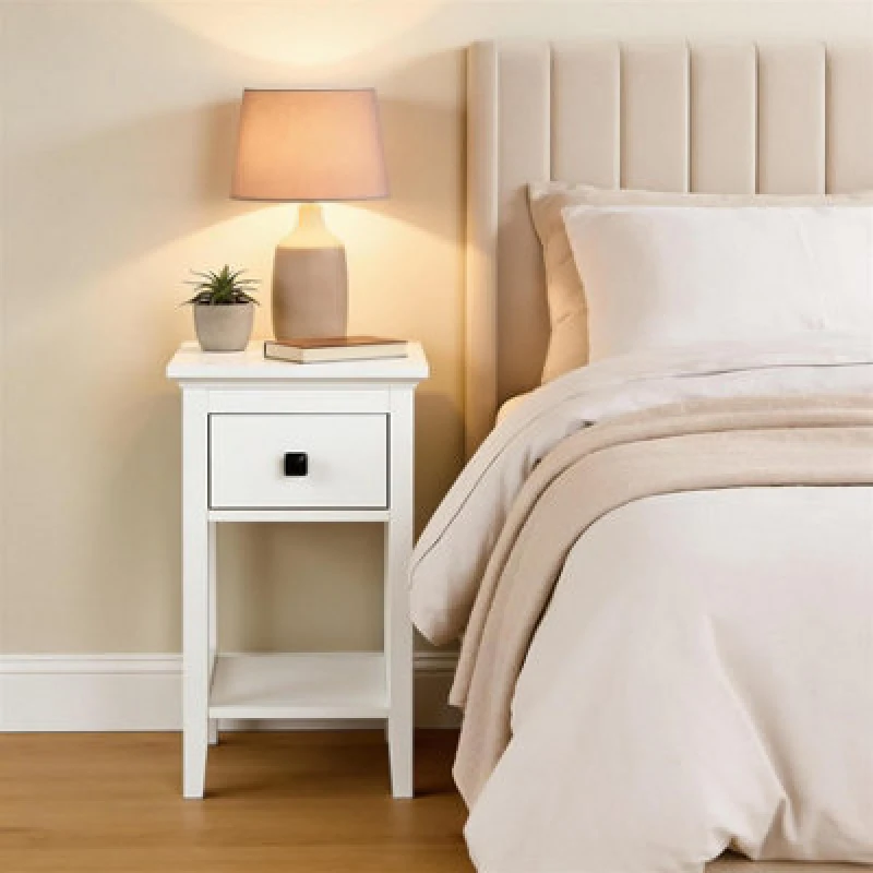 Image of Home Source 1 Drawer Bedside Table Nightstand MDF Bedroom Furniture 55cm High White