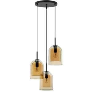 Image of Merano - Jurupa 3 Light Cluster Pendant Ceiling Light Dark Champagne Glass Black Cord Black Metal Base LED E27