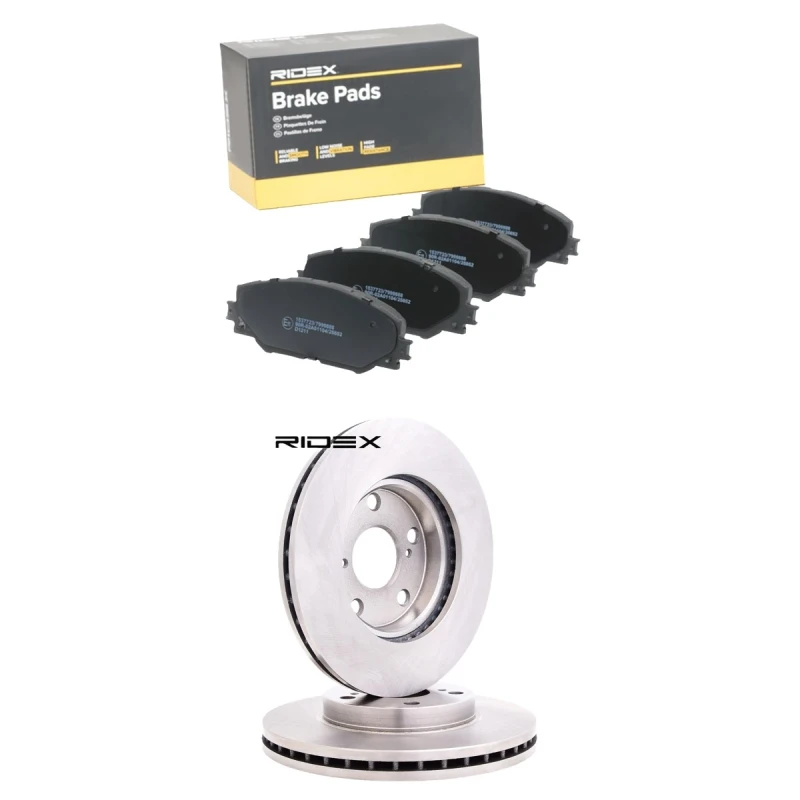 Image of RIDEX 3405B3273 Brake disc and pads set Front Axle, Brake Disc Type: internally vented, not prepared for wear warning indicator Brake Set,disc brakes
