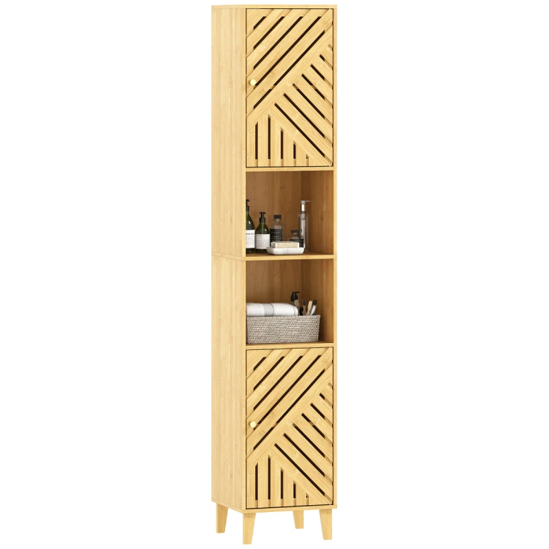 Image of HOMCOM HOMCOM Tall Bathroom Cabinet with Open Compartments and Adjustable Shelves in Natural Natural One Size Unisex 5063603822221