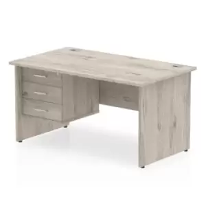 image of Impulse 1600 Rectangle Panel End Leg Desk Grey Oak 1 x 3 Drawer Fixed Ped