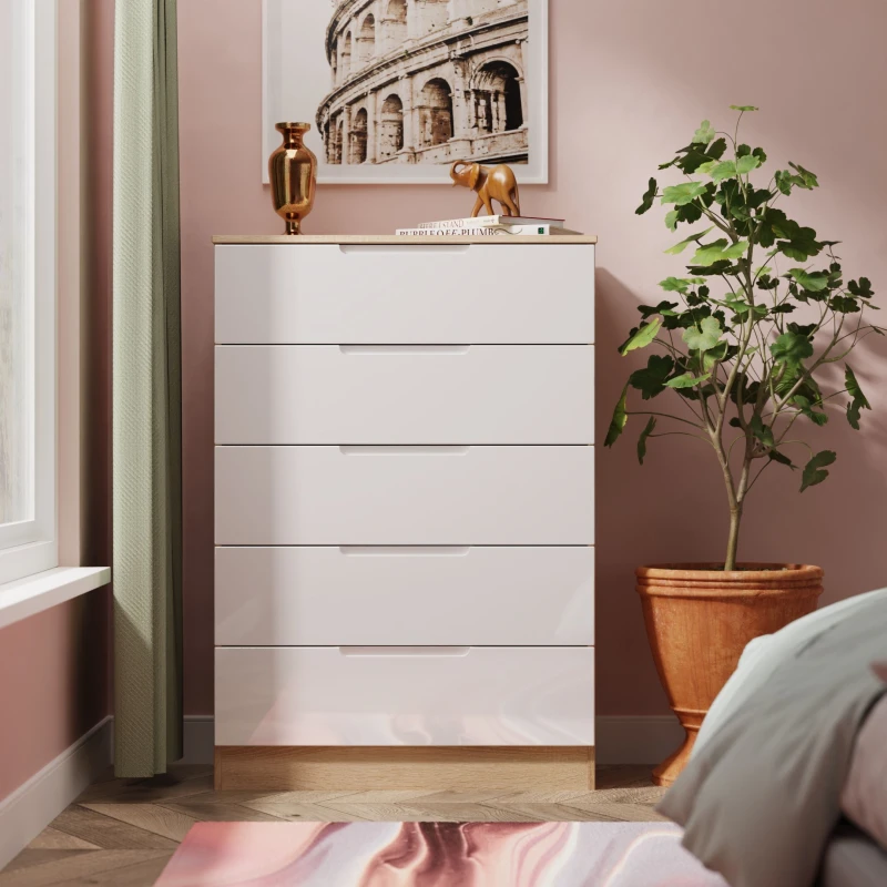 Image of Welcome Furniture Ready Assembled Milan 5 Drawer Chest In White Gloss & Bardolino Oak, White MIL012WGBO