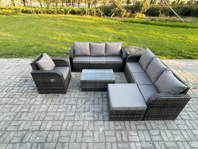 Image of Fimous Rattan Outdoor Garden Furniture Sofa Set Patio Table & Chairs Set with 3 Seater Sofa Reclining Chair 3 Seater Sofa Big Footstool Side Table Dar