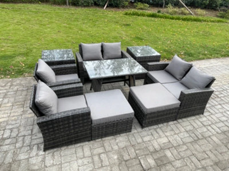 Image of Fimous Garden Furniture Sets 9 Pieces Wicker Rattan Furniture Manual Wicker Patio Sofa Patio Conversation Set with 2 Big Footstool in Dark Grey Dark G