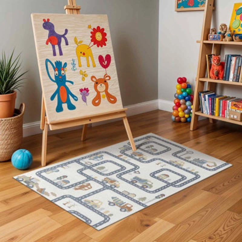 Image of Livabliss Kids Machine Washable Beige/grey Bedroom Vroomville Area Rug 160 X 213cm - Easy Care, Soft & Safe Rug For Kids Spaces