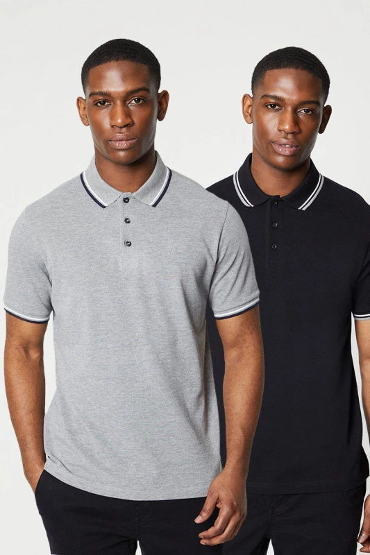 Image of Debenhams Debenhams Men 2 Pk Pure Cotton Tipped Polo Shirts Black/Grey Size: 3X-Large Multi Color 3X-Large Male 5045743563608
