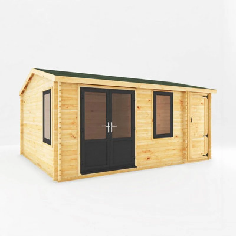 Image of Mercia 5.1 X 4M Home Office Elite Log Cabin With Side Shed, White Upvc Windows & Doors - 44mm Timber - L414 X W516.9 X H272.5cm - Brown