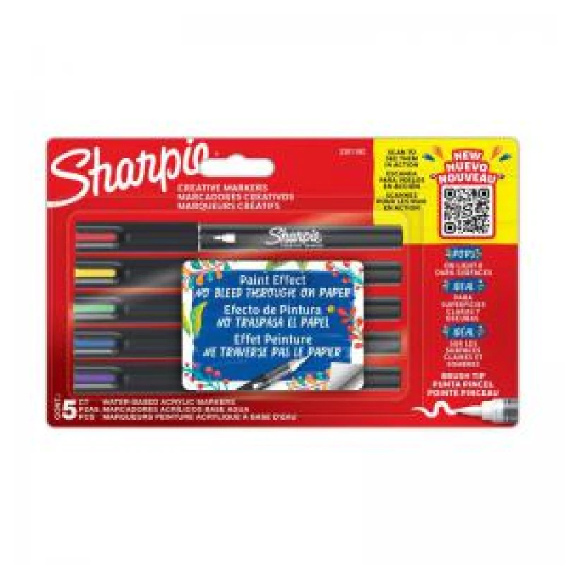 Image of Sharpie Sharpie Creative Marker Acrylic Paint Markers Water-Based Brush Tip Assorted Colours (Pack 5) - 2201182 2201182