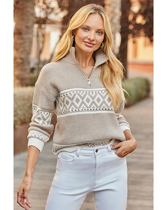 Image of Sosandar Sosandar Aztec Zip Collar Jumper NAT Multi - Sosandar - Size: XL NAT Multi Female XL RF37404