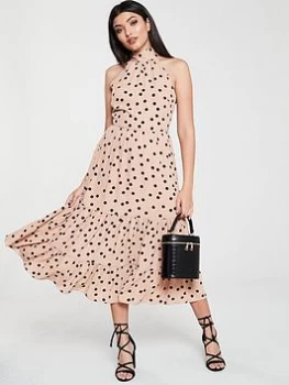 image of Oasis Polka Dot Tiered Midi Dress - Camel, Camel, Size 12, Women