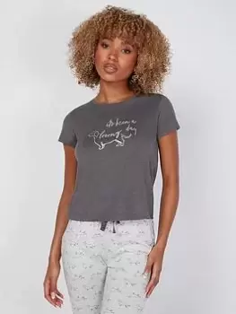 Image of Boux Avenue Boux Avenue Sausage Dog Tee & Pant Set - Charcoal, Grey, Size 10, Women