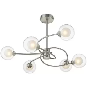 image of Spring Contemporary Multi Arm Pendant Ceiling 6 Light Satin Nickel, Glass