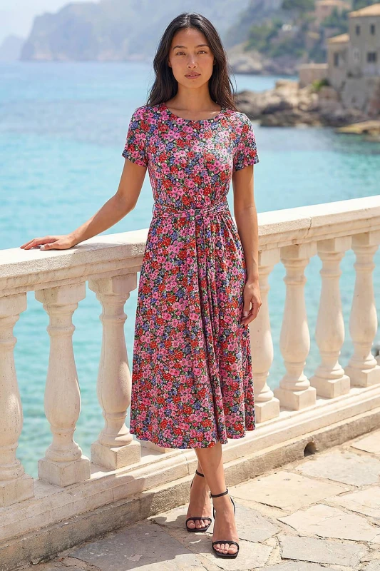 Image of Roman Womens Petite Floral Tie Front Stretch Midi Dress Size: 16 Multicolor Female 16