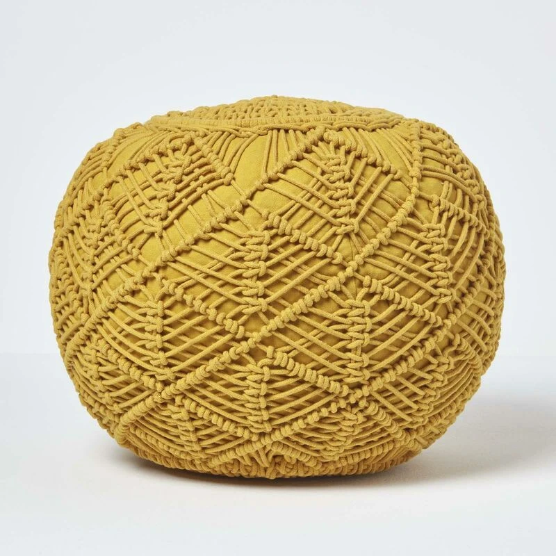 Image of Homescapes Macrame Knitted Pouffe 40 x 50cm Mustard