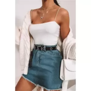 Image of I Saw It First Light Wash Raw Hem A Line Denim Skirt - Blue